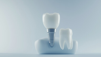 A dental implant crown with a screw-like base is positioned between two natural teeth on a blue background 