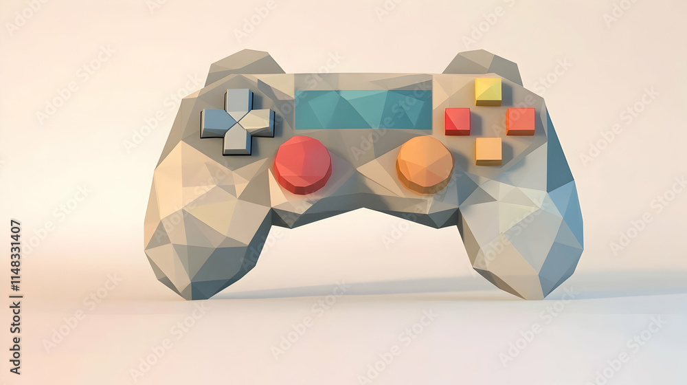 Poster low-poly gaming controller on white background, for game design or tech websites.