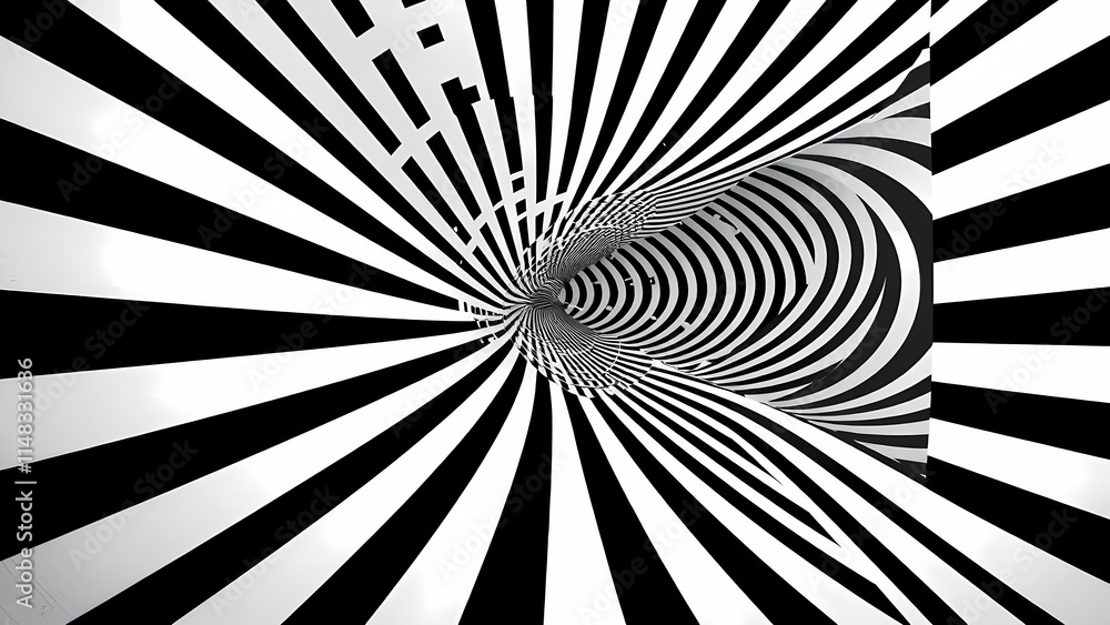 Poster abstract black and white optical illusion with swirling geometric patterns and 3d ray-like stripes c