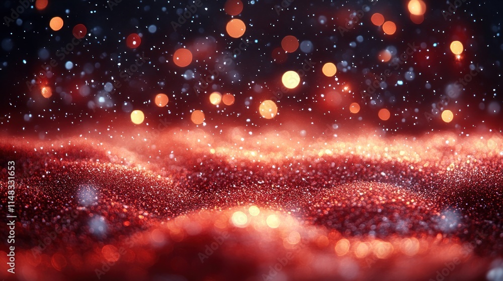 Poster red glitter texture with bokeh lights and snow effect.