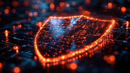 Futuristic glowing shield on digital circuit board, symbolizing cybersecurity and data protection.