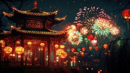 Beautiful fireworks show in city over traditional Chinese temple to celebrate Chinese lunar new year.