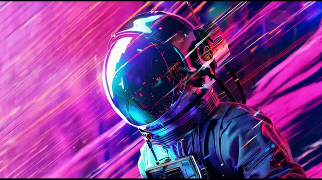 Neon spaceman and speed line. Future sci-fi astronaut. Cyber cosmonaut in helmet. Cyberpunk futuristic technology. Fantasy fiction glow costume
