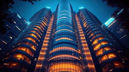 Illuminated skyscraper at night.