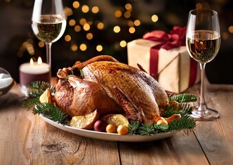 roasted turkey with wine and gift on table, christmas dinner table decoration