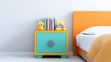A bright and colorful nightstand in a child's bedroom, toys and books neatly arranged on the shelves