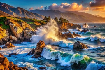 Big Sur's dramatic coastline: crashing waves, stunning ocean photography captures California's raw beauty.