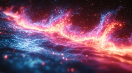 Abstract fiery energy flow, red and blue flames, glowing particles.