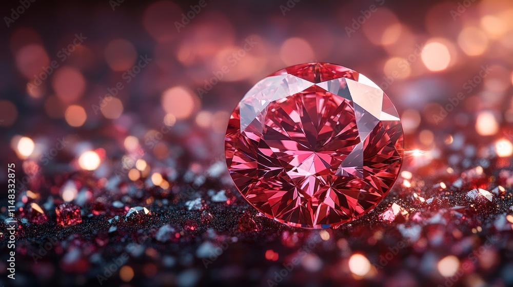 Poster sparkling red gemstone on a bed of smaller gems with bokeh background.