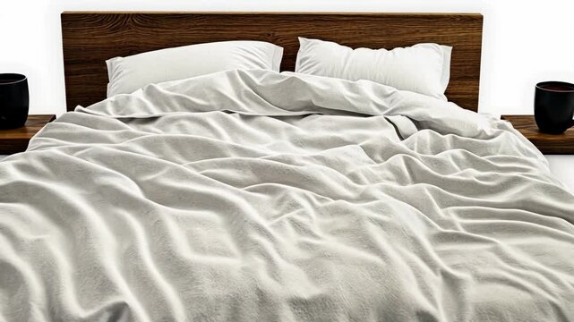 Cozy bedroom with rumpled white bedding and wooden headboard creating a serene atmosphere for relaxation