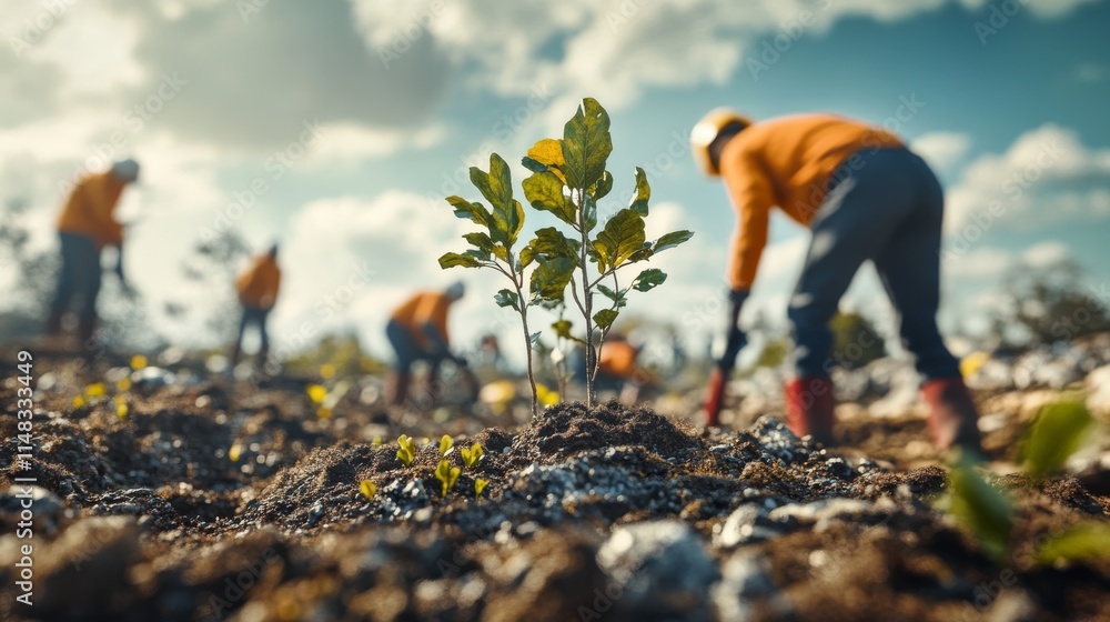 Aufkleber planting seedlings in a field with workers tending to the soil under a bright sky. save the planet c