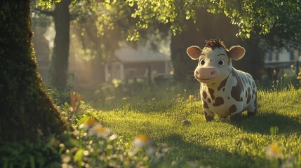 Happy calf in sunlit pasture near farmhouse.