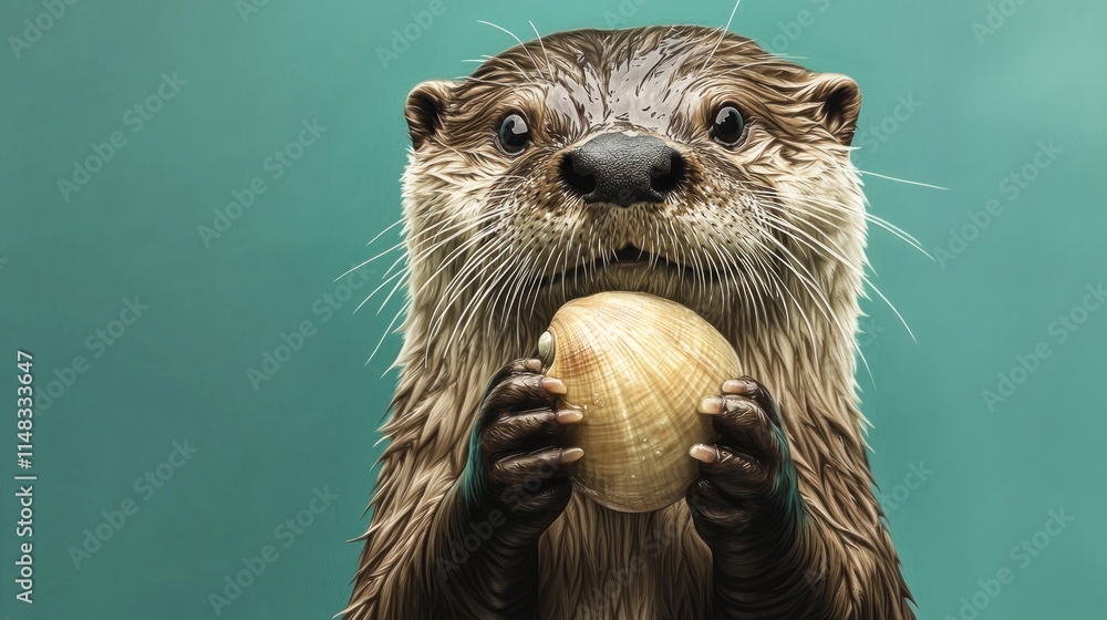 Poster a wet otter holds a large clam shell.
