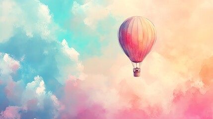 Fototapeta premium Watercolor design of a whimsical hot air balloon floating in a pastel sky.--ar 16:9