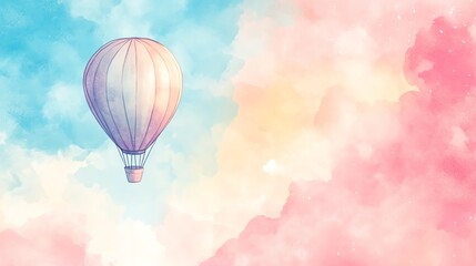 Fototapeta premium Watercolor design of a whimsical hot air balloon floating in a pastel sky.--ar 16:9