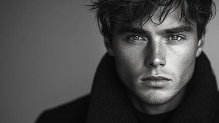 Close-up black and white portrait of a young man with intense gaze.