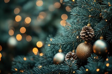 Obraz premium Close-up of a decorated Christmas tree with gold and silver ornaments, pine cones, and warm lights.