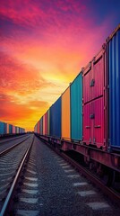 Fototapeta premium Colorful freight train with cargo containers at sunset. (1)