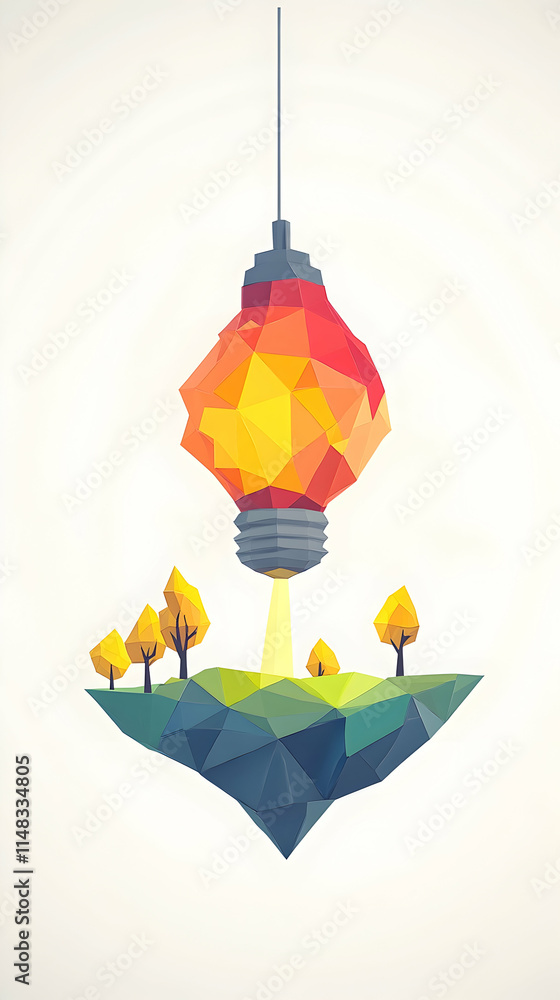 Poster low-poly light bulb over a floating island with trees; design concept.