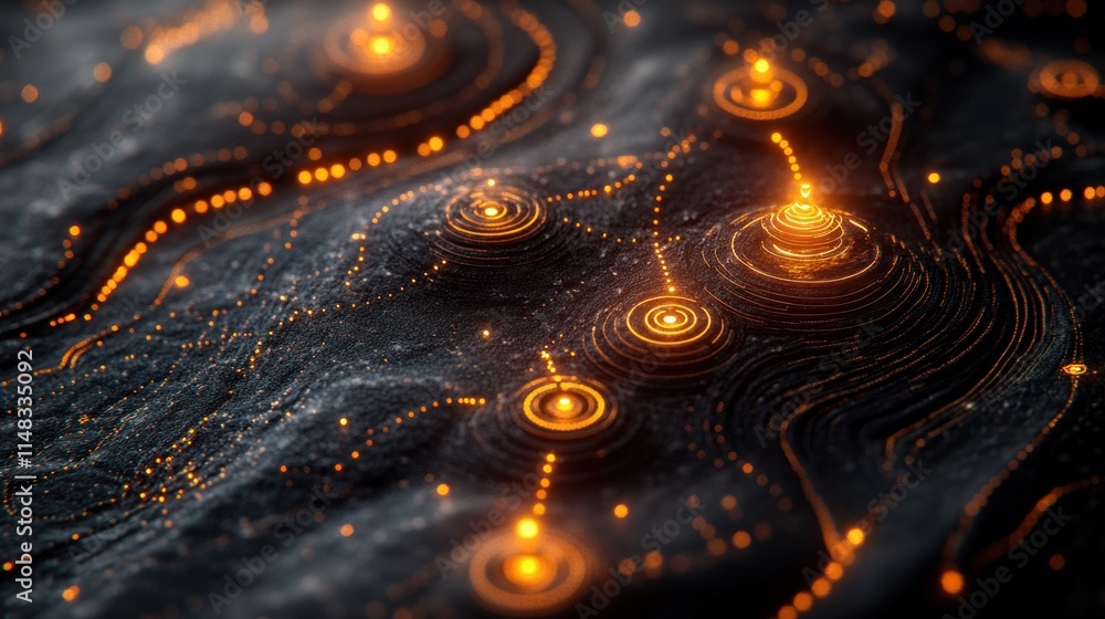 Poster abstract dark 3d rendering of glowing orange circles on a textured surface.