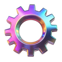 Holographic 3D metallic gear icon illustration isolated on white & transparent a background.