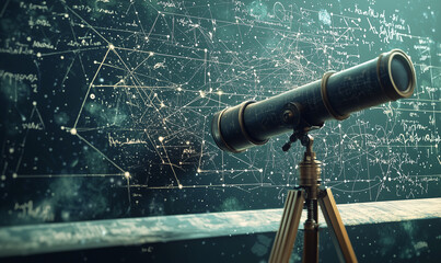 A telescope stands against a cosmic backdrop of stars and constellations, symbolizing exploration and discovery of the universe.