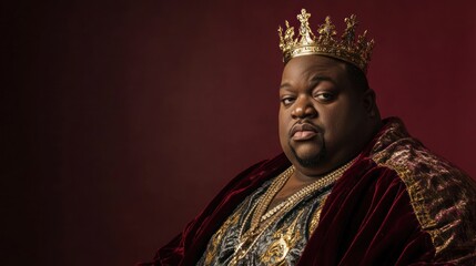 A regal portrait of a confident, large Black man wearing a gold crown and velvet robe.