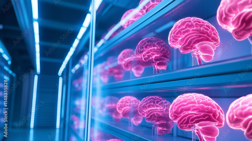 Poster futuristic display of glowing brains in a high-tech lab