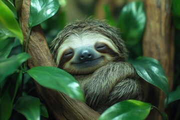 Fototapeta premium Adorable baby sloth nestled in lush green foliage, appearing content and peaceful.