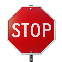 Stop sign on pole, red with white text, octagonal shape, indicating stop at intersection or junction
