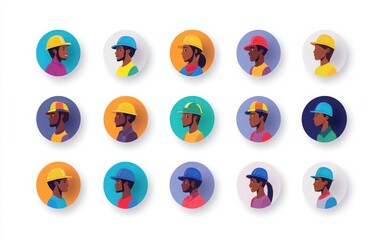 A series of flat vector icons showing construction workers in safety helmets, with long shadows to add depth. 