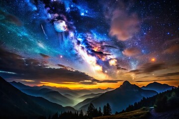 Fototapeta premium Silhouette Photography: Starry Night Valley, Dramatic Cloudscape, Night Sky, Celestial Landscape