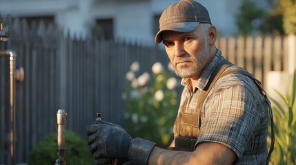Mature man gardener in his garden, looking at camera.