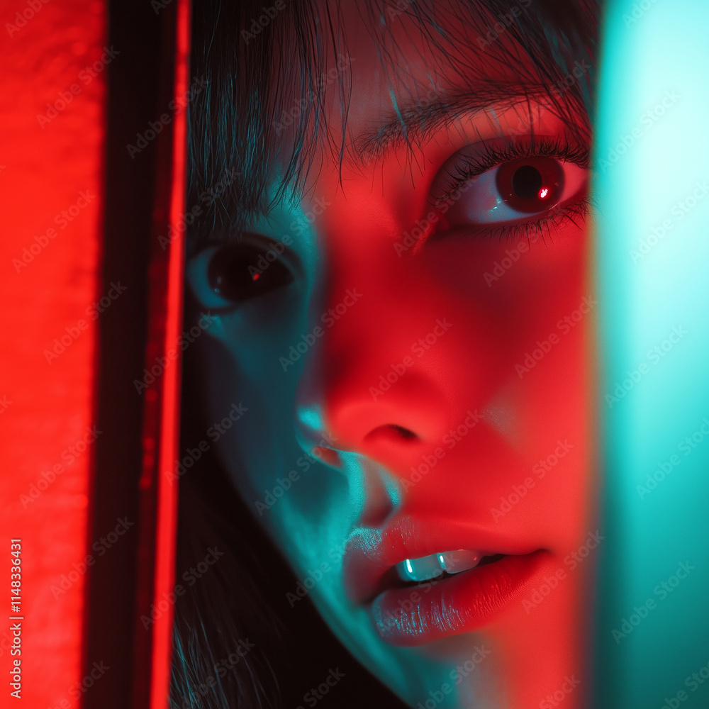 Poster mysterious expression illuminated by colored light