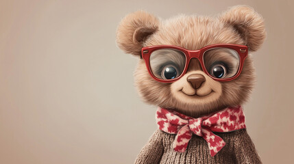 Obraz premium Adorable illustration of a teddy bear wearing red glasses, a patterned scarf, and a cozy sweater on a neutral background.