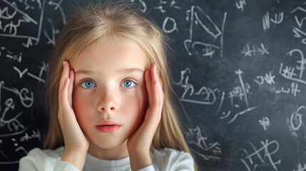 Young girl looking confused in front of chalkboard