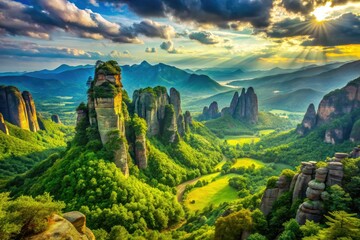 Breathtaking high-resolution photo: majestic mountain peak, lush valley in sharp focus.