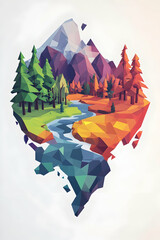 Low-poly mountain river landscape illustration, seasonal change, nature, design element.