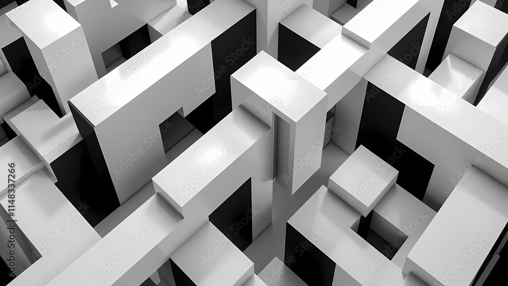 Poster futuristic 3d black and white abstract geometric cube pattern with metal and digital elements