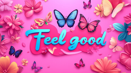 Vibrant design featuring colorful butterflies and flowers surrounding the text "Feel good" on a pink background.