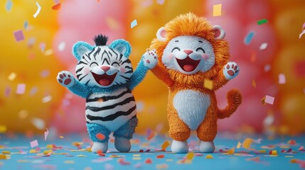 Joyful zebra and lion plush toys celebrating amidst confetti.