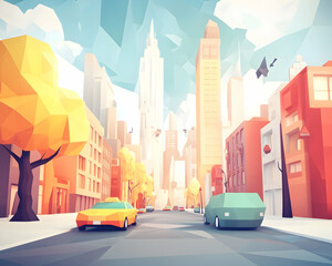 Fototapeta premium Low-poly NYC autumn street scene, cars driving, skyscrapers background; website banner.