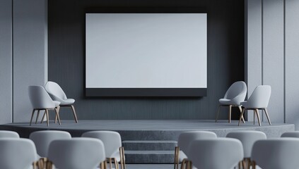 Modern Conference Room Design: Stage Setup with Chairs and Blank Presentation Screen for Business Meetings