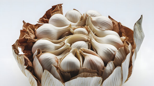 A photo of a cluster of garlic cloves with a white background.