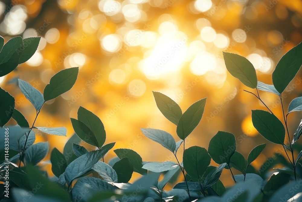 Poster golden hour sunlight filters through lush green leaves, creating a bokeh effect.