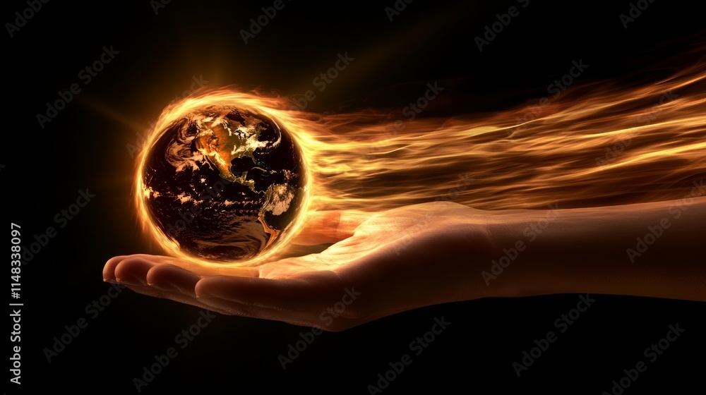 Poster a glowing globe held in a hand, symbolizing power and connection to the world. save the planet conce