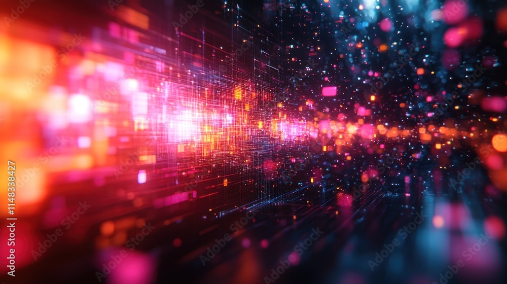 Poster abstract digital data stream, glowing particles and lines forming a tunnel.