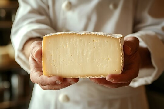 Cheesemaker dressed in a white uniform, proudly holding a large piece of cheese with both hands while standing in a rustic cellar, surrounded by the rich aromas of aging dairy products