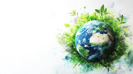 Earth Enveloped in Lush Greenery: A Sustainable Image. A digitally enhanced image of planet Earth, encircled by vibrant green foliage and leaves.