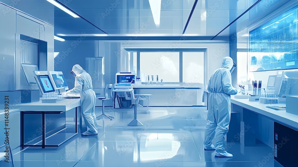 Poster two scientists in protective suits are conducting research using cutting-edge technology in a state-
